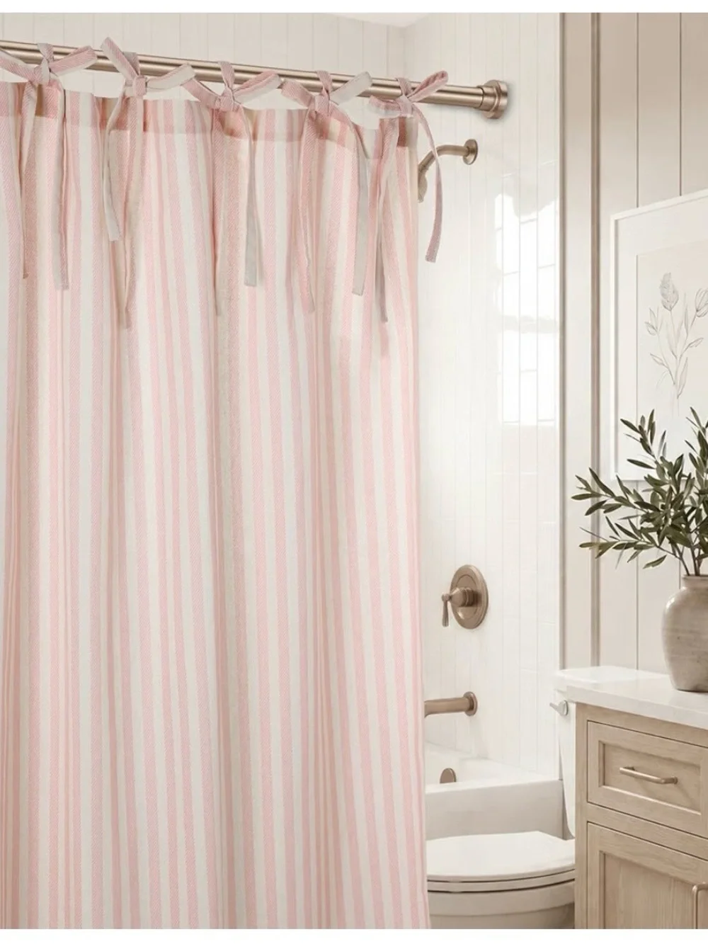 Pink Striped Tie-Top Shower Curtain - Soft Bath Fabric
